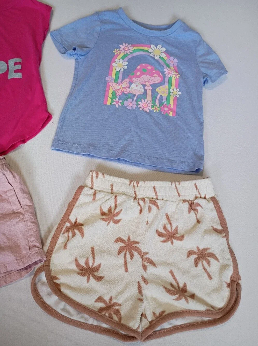 Size 4T Toddler Girls Summer Clothing Lot 4pc Nike Mushroom Palm Tree Pink Tan